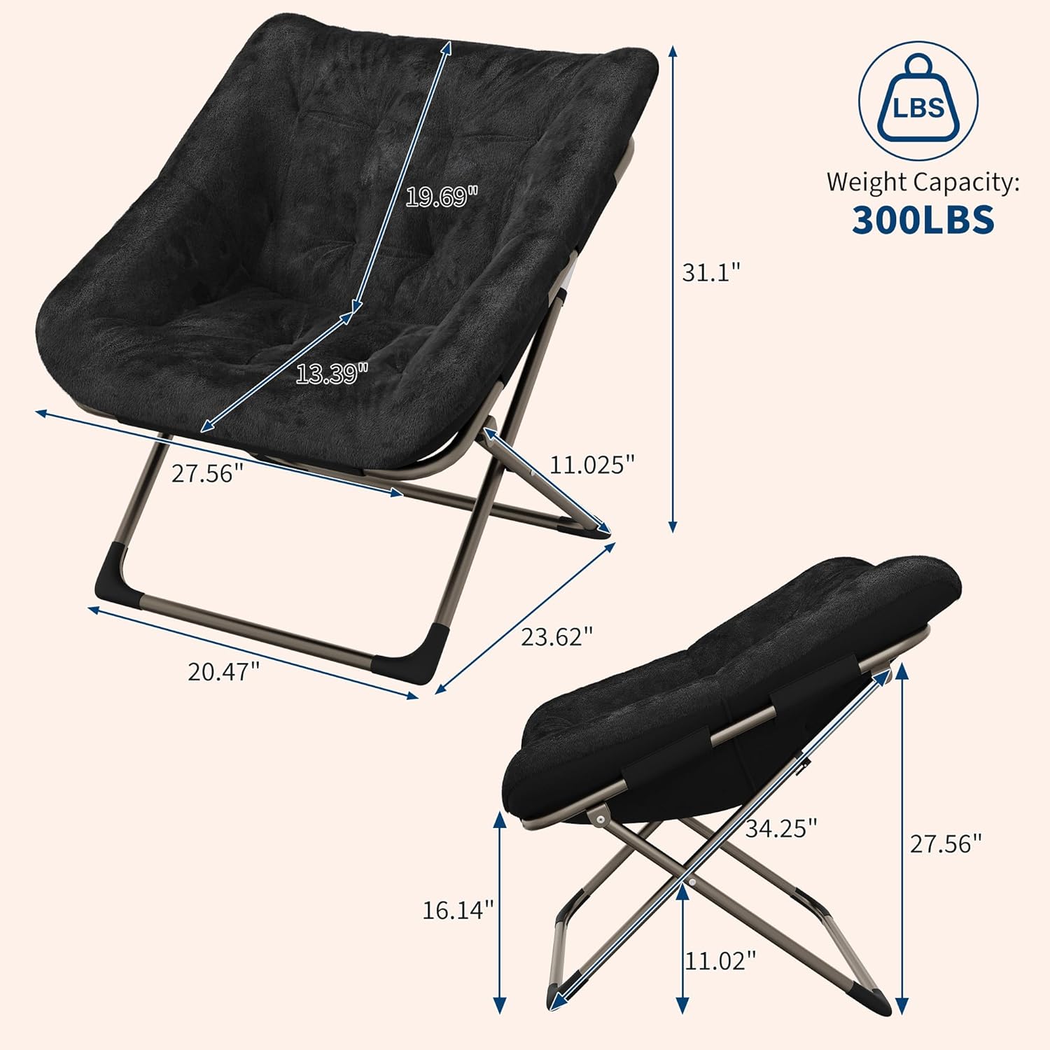 Garvee Folding Saucer Chairs for Adults, Comfy Faux Fur Lazy Chair with Metal Frame, 300 LB Capacity, No Assembly Required for Living Room, Bedroom, Dorms, Black