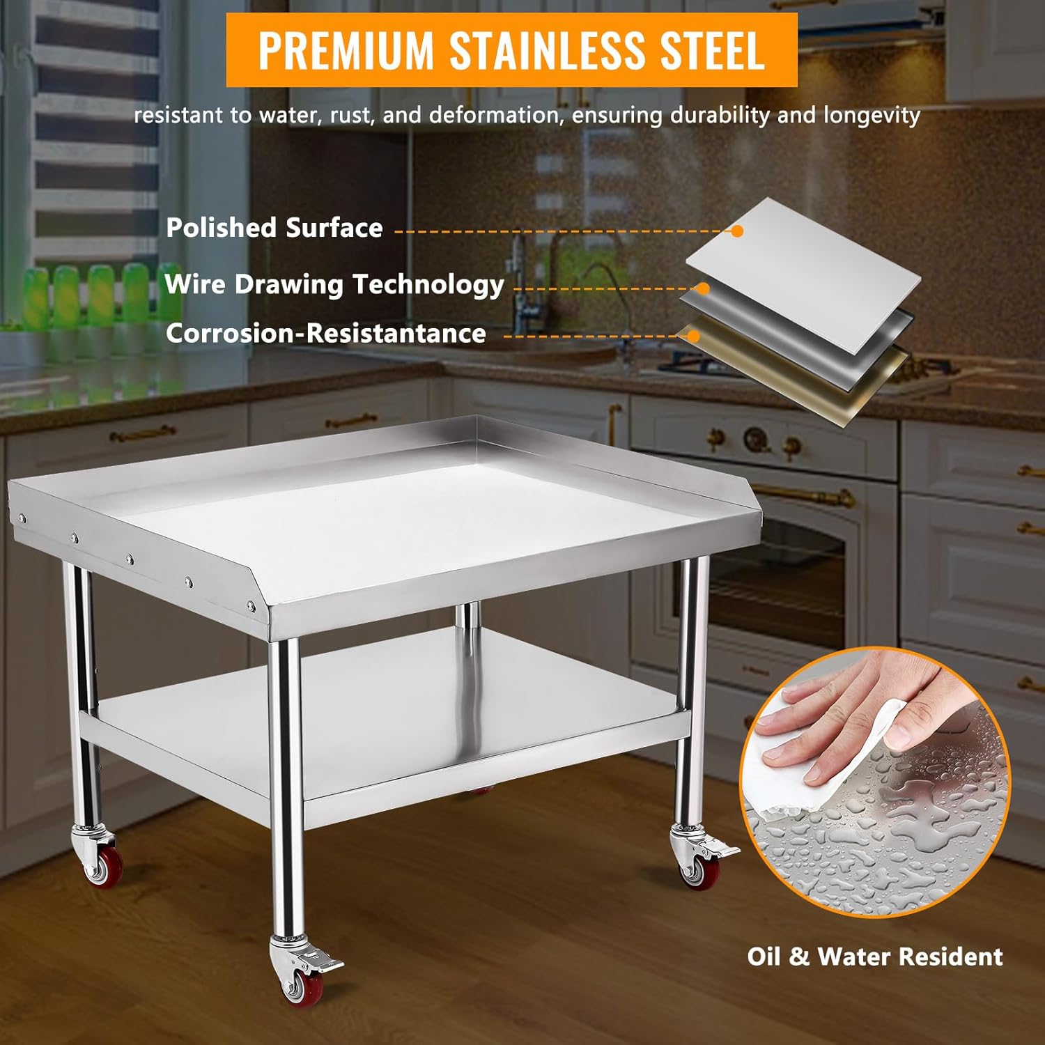 GARVEE 24"L x 24"W x 24"H Stainless Steel Equipment Grill Stand Table - 1000 lbs Top Shelf, 220 lbs Bottom Shelf, 2" Edge Baffle, with Wheels for Home, Hotel, and Commercial Kitchens