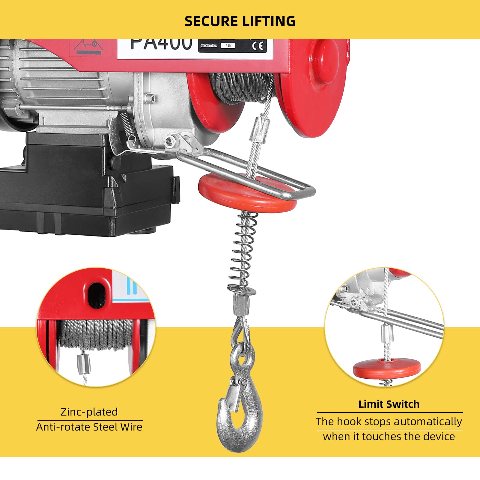 Electric Hoist 880 Lbs 110V Automatic Lift Electric Cable Hoist with Wireless Remote Control Power System
