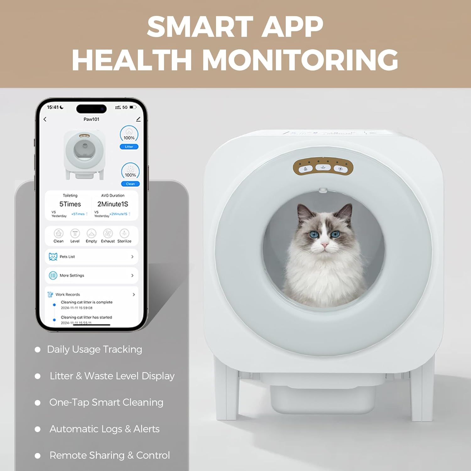 Garvee Automatic Cat Litter Box, 68L Self Cleaning Litter Box with APP Control, Dual Safety Protection and Odor Removal for Multiple Cats, White