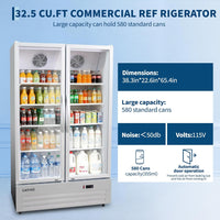 GARVEE 32.5 Cu.ft Double Door Commercial Beverage Cooler - 580-Can Glass Display Fridge | Frost-Free Air-Cooled, Automatic Door Rebound | for Bar/Restaurant/Supermarket (Silver)
