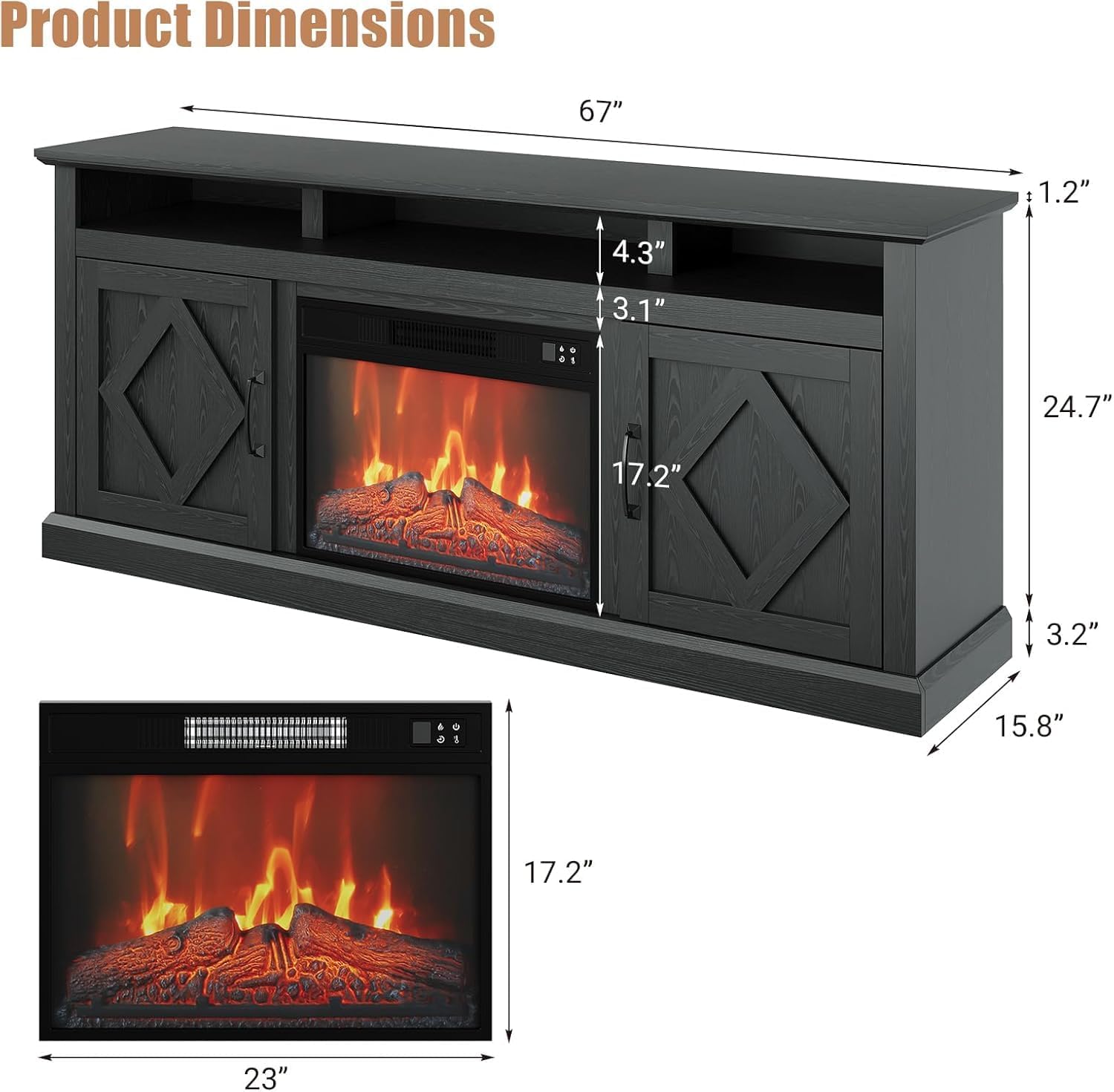 GARVEE 67” Black TV Stand with Fireplace for 65-80 inch TVs