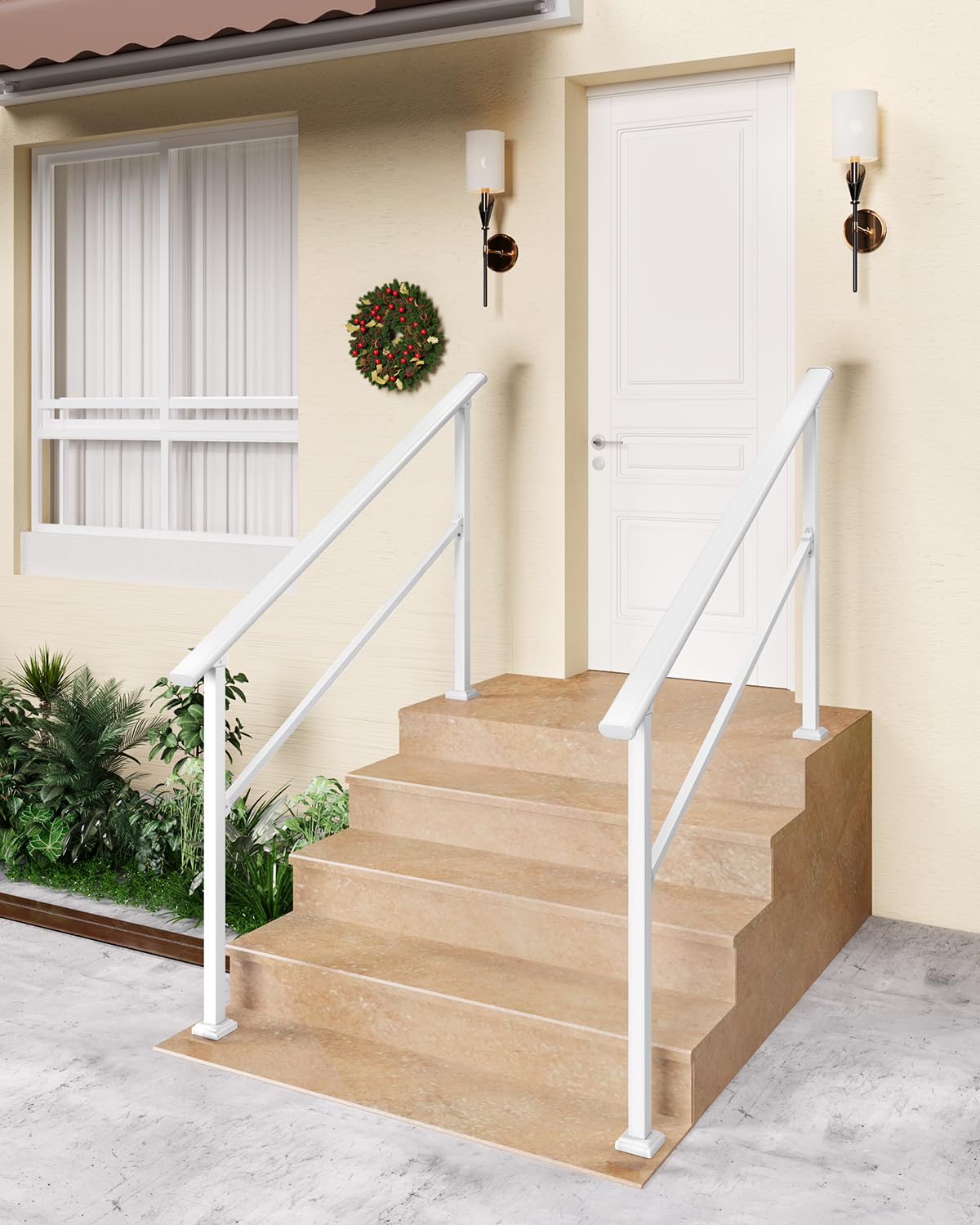 Garvee Heavy Duty Outdoor Stair Handrails – 2-Pack, Adjustable For 1-5 Steps, Aluminum & Wrought Iron, White, Non-Slip Grip, For Porch, Deck, Indoor & Outdoor