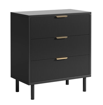 Garvee Modern Fluted 3 Drawer Dresser - Wide Matte Black Wood Storage Cabinet with Metal Legs - Anti-Tip Safety for Bedroom, Entryway, Living Room - Hallway Organizer - Color: Mottled black