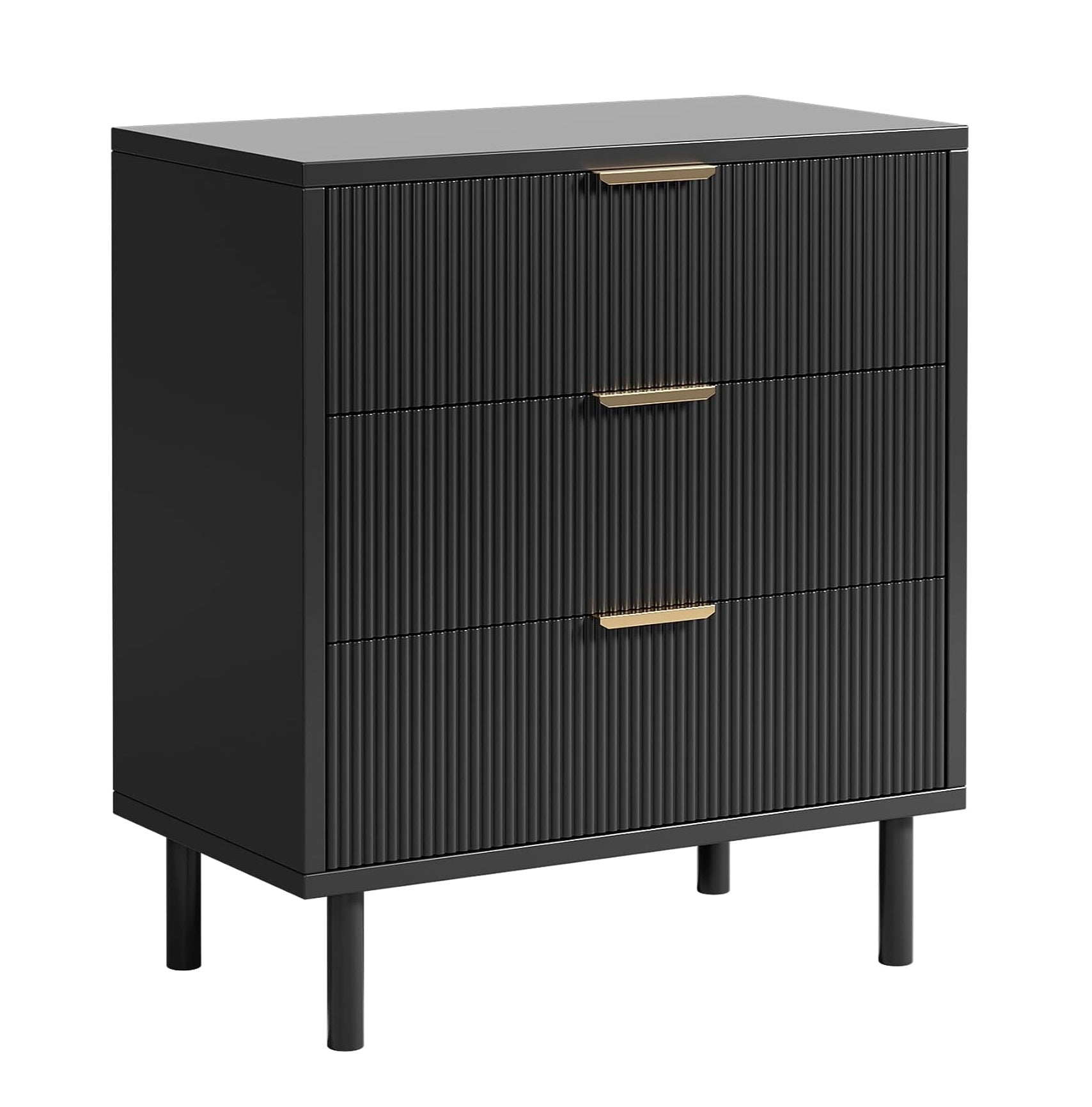 Garvee Modern Fluted 3 Drawer Dresser - Wide Matte Black Wood Storage Cabinet with Metal Legs - Anti-Tip Safety for Bedroom, Entryway, Living Room - Hallway Organizer - Color: Mottled black