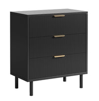 Garvee Modern Fluted 3 Drawer Dresser - Wide Matte Black Wood Storage Cabinet with Metal Legs - Anti-Tip Safety for Bedroom, Entryway, Living Room - Hallway Organizer - Color: Mottled black