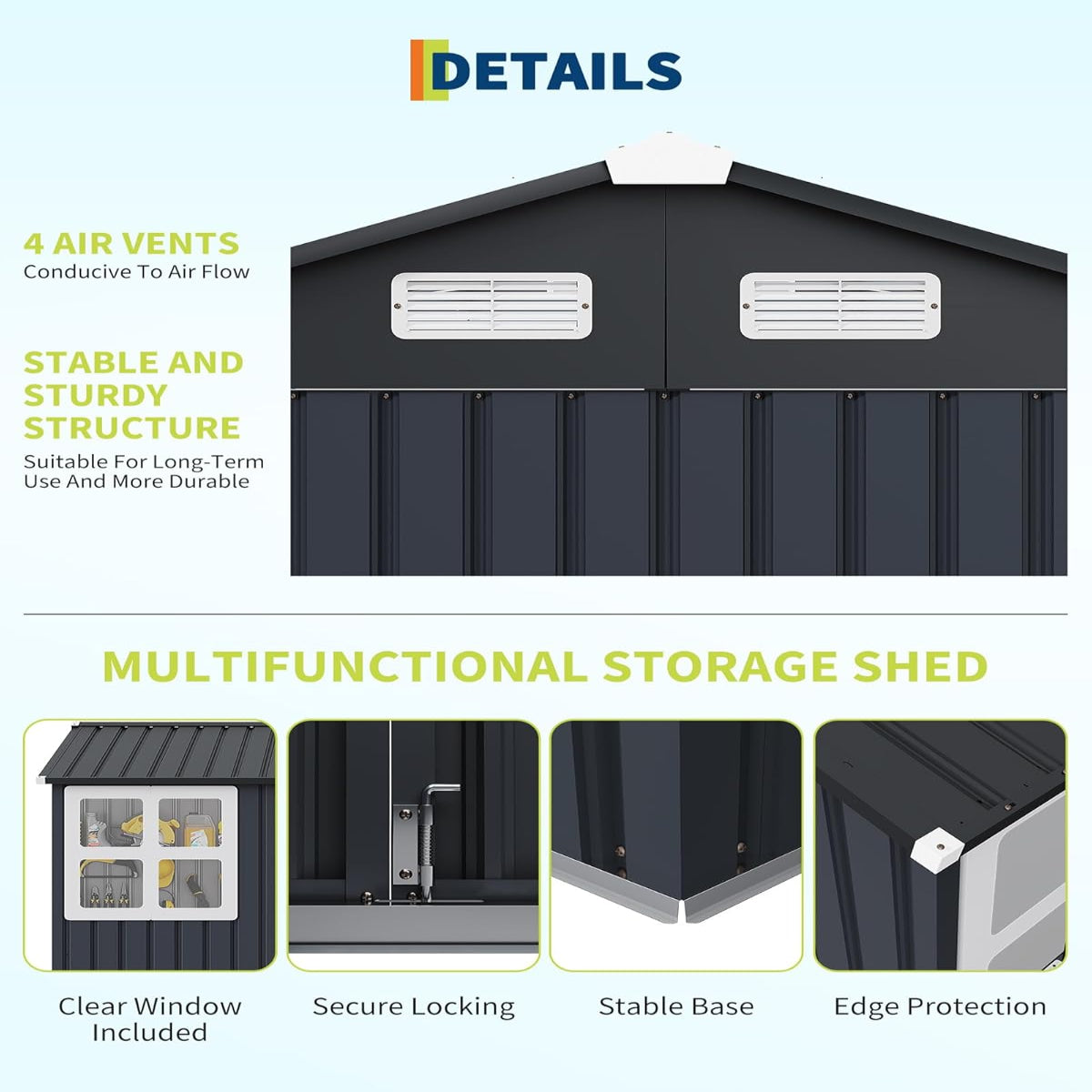 Garvee 6' x 8' Outdoor Storage Shed Metal Building with Lockable Doors & Windows Galvanized Steel Weatherproof Ventilated for Garden Backyard