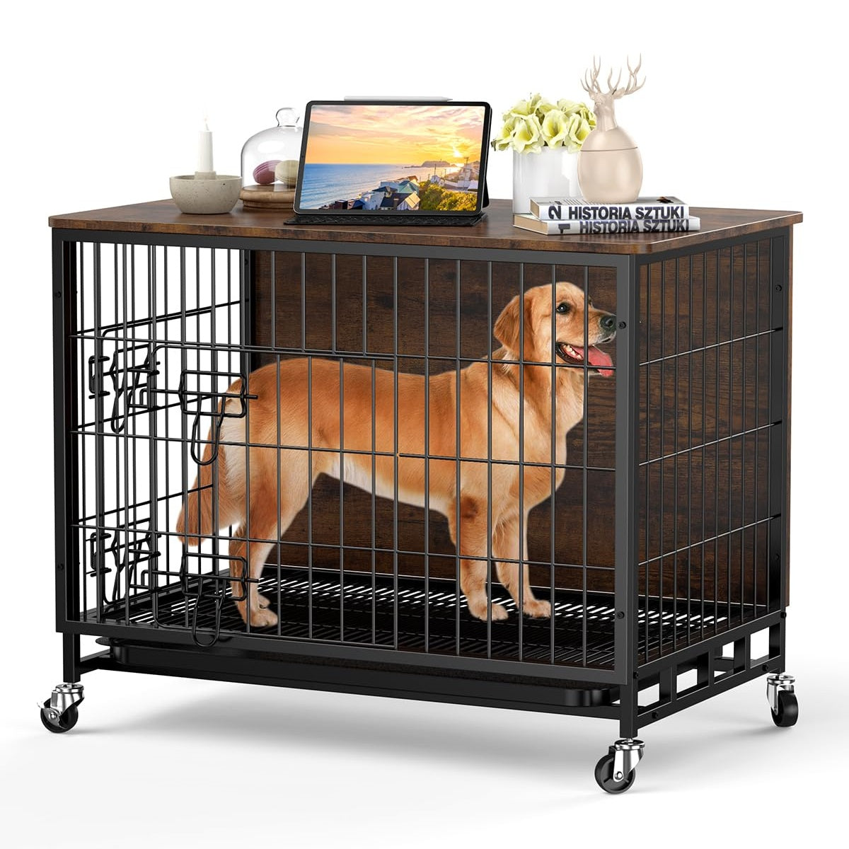 Garvee Dog Crate Furniture, Compact 27.2" Small Dog Dual-Entry Kennel Meets Elegant End Table, Effortless Maintenance, Chew-Resistant, Easy Mobility for Cozy Spaces, Brown