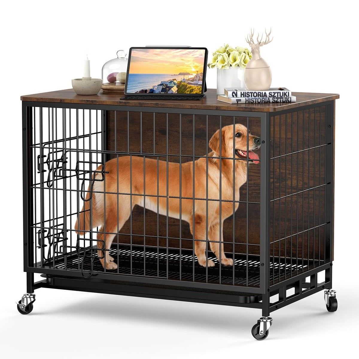 Garvee Dog Crate Furniture, 38.6" Dog Kennel Indoor Double Doors, Wooden Dog Cage with Pull-Out Tray & Removable Wheels, Decorative End Table Pet House Chew-Resistant for Large Dog, Brown