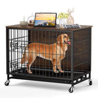 Garvee Dog Crate Furniture, 38.6" Dog Kennel Indoor Double Doors, Wooden Dog Cage with Pull-Out Tray & Removable Wheels, Decorative End Table Pet House Chew-Resistant for Large Dog, Brown