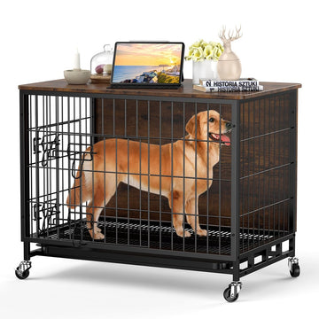 Garvee Dog Crate Furniture, 38.6" Dog Kennel Indoor Double Doors, Wooden Dog Cage with Pull-Out Tray & Removable Wheels, Decorative End Table Pet House Chew-Resistant for Large Dog, Brown
