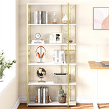 Garvee Modern Bookcase Tall Standing Bookshelf 70.8 inch Storage Rack Shelf with Metal Frame Large Unique Display Racks Elegant Bookshelf for Bedroom, Living Room, Home Office, White/Gold