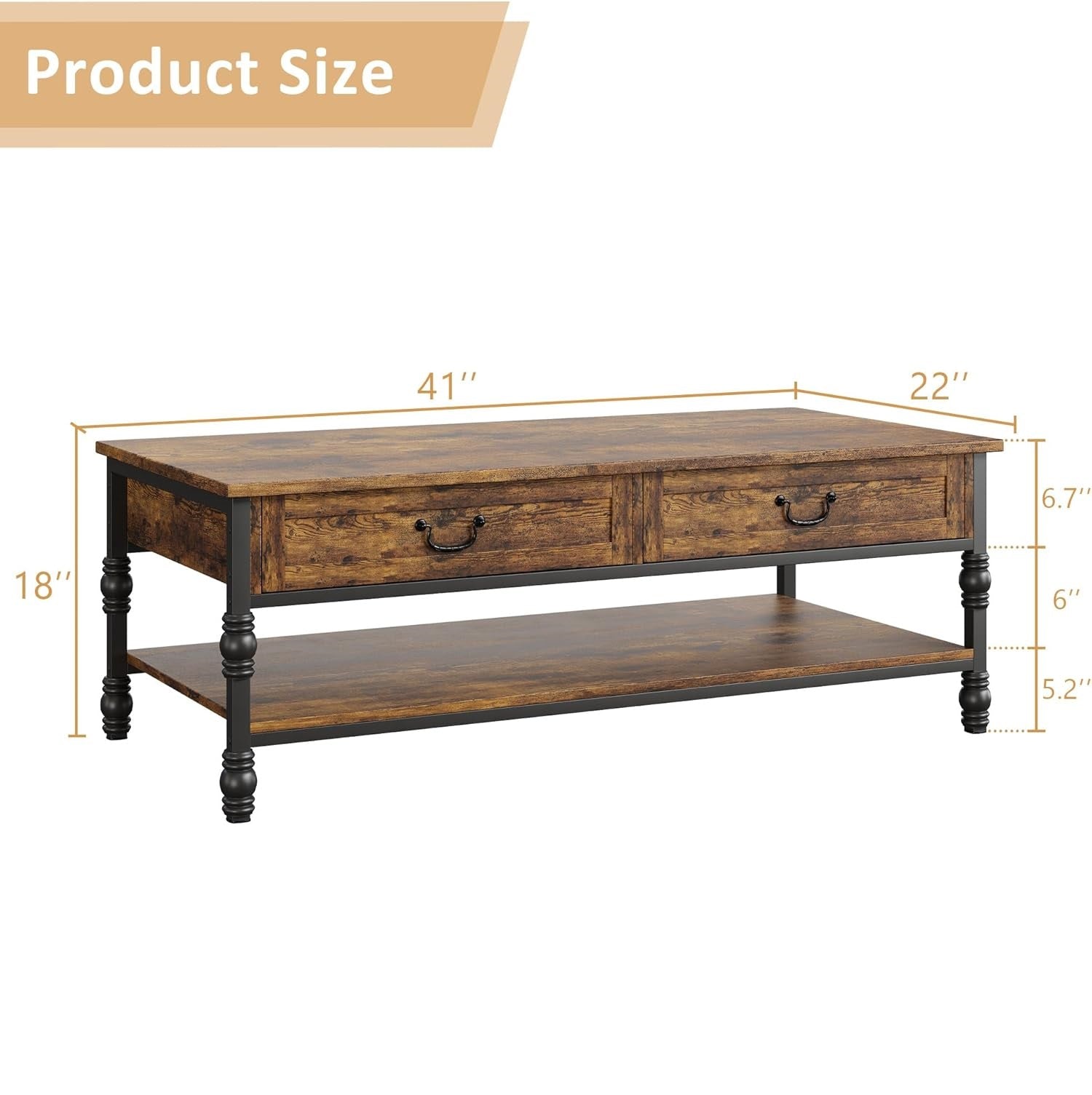 Garvee Vintage Farmhouse Coffee Table with Drawers, 2 Tier Small Wood Coffee Table for Living Room, Rectangular MDF Storage Table with Shelf, Rustic Modern Center Table