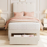 Garvee Twin Bed Frame With Under-bed Drawer, White velvet Upholstered Platform Bed with Wave Headboard for Kids / Girls, Wooden Slats Support, No Box Spring Needed, Beige - Velvet White-1 Set