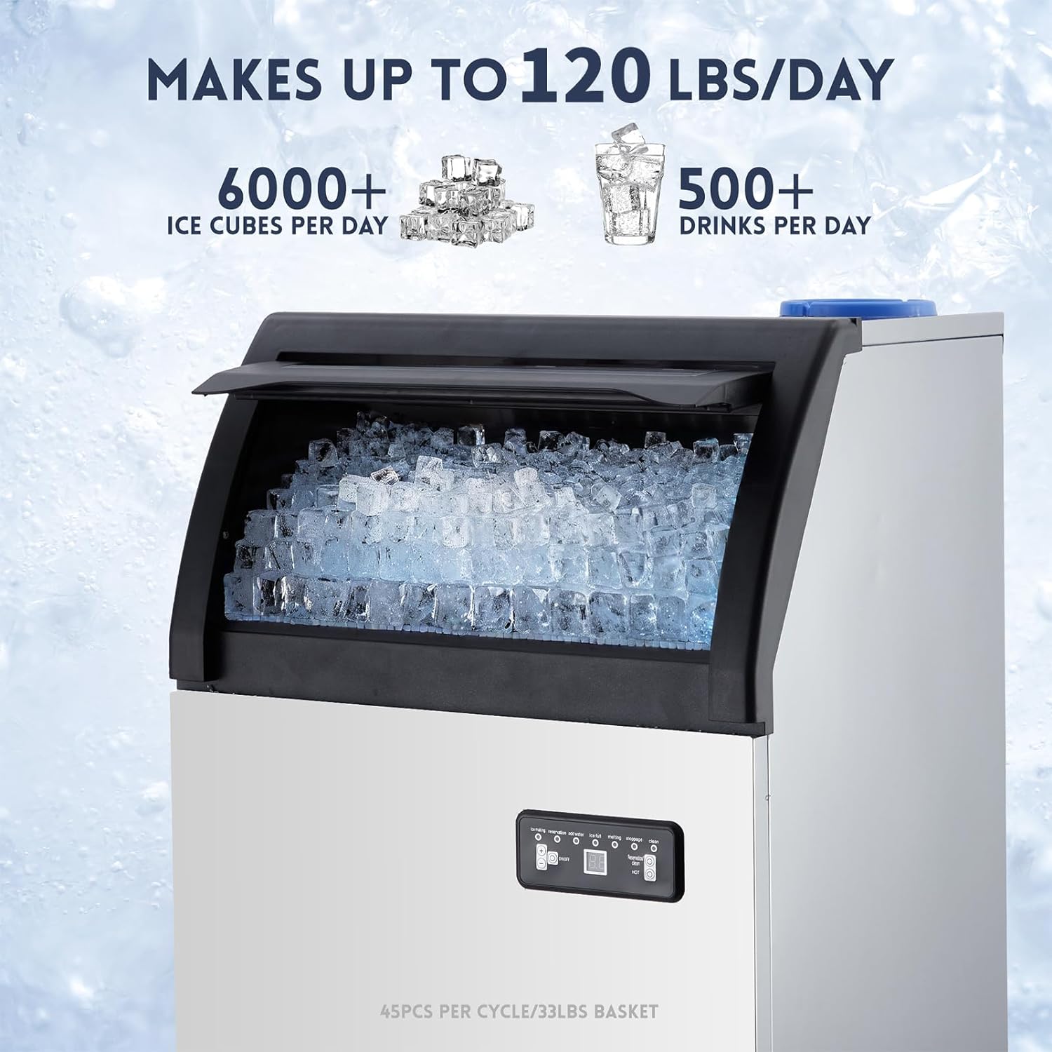 250W 120lbs/24H Commercial Ice Maker, 33lbs Storage, Self-Clean