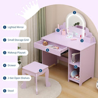 Garvee Kids Vanity with Lighted Mirror, 2 In 1 Little Girls Vanity Table & Stool, Kids Makeup with Drawer & Open Shelves for 3-9 Yrs Girls, Purple