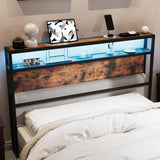 Garvee Queen Size Storage Headboard with LED Lights & Charging Ports- Industrial Metal and Wood Headboard for Bedroom, Attach Frame, Easy Assembly - Brown - Tiger Wood