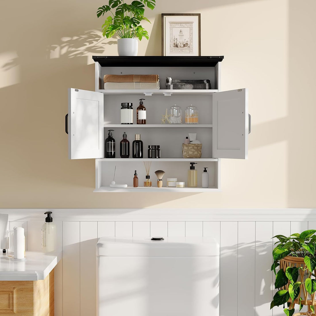 Garvee Bathroom Wall Cabinet with Barn Doors and Open Storage, White