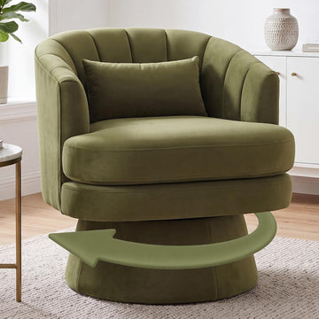 Garvee 360° Swivel Barrel Accent Chair with Lumbar Pillow, Soft Upholstered Single Armchair, Round Base for Living Room/Bedroom/Vanity - With lumbar pillow | velvet | green