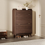 Garvee Fluted Wood Shoe Storage Cabinet for Entryway with 2 Flip Drawers & Adjustable Shelves, 48" Tall, Narrow, White - Black Walnut