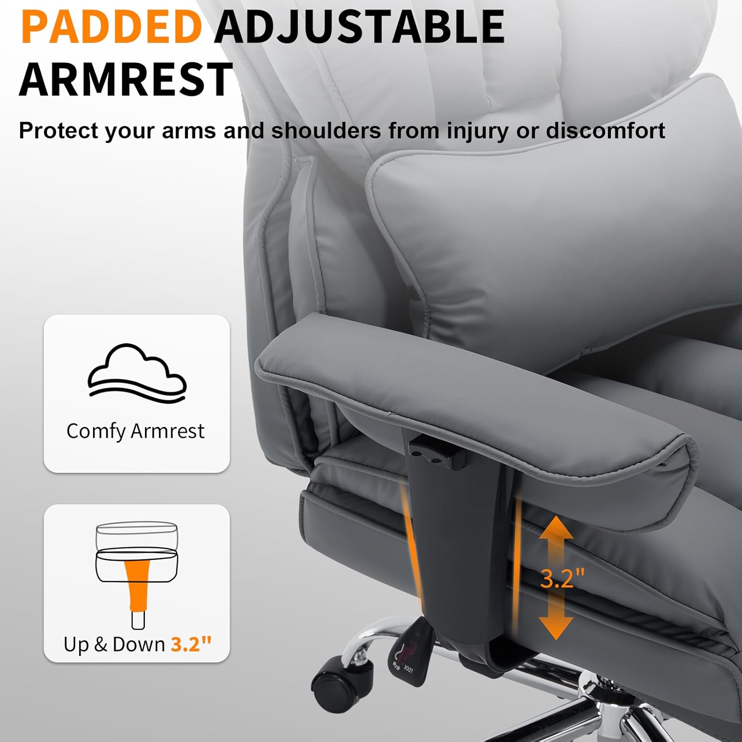 Garvee Ergonomic High-Back Executive Office Chair with Footrest, Padded Adjustable Armrest, Big and Tall Computer Gaming Desk Chair, 400 LBS Capacity, for Heavy People, Long Hours, Gray