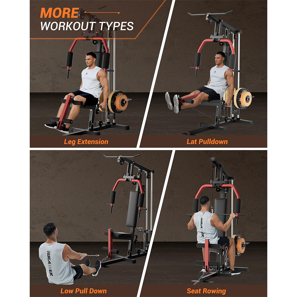 GARVEE Home Gym Machine, Multifunctional Full Body Workout Equipment with Pulley System,Leg Press Support for Strength Training, Workout Station Suit for 1“&2” Holes of Weight Plates (Not Includ), Red&Black