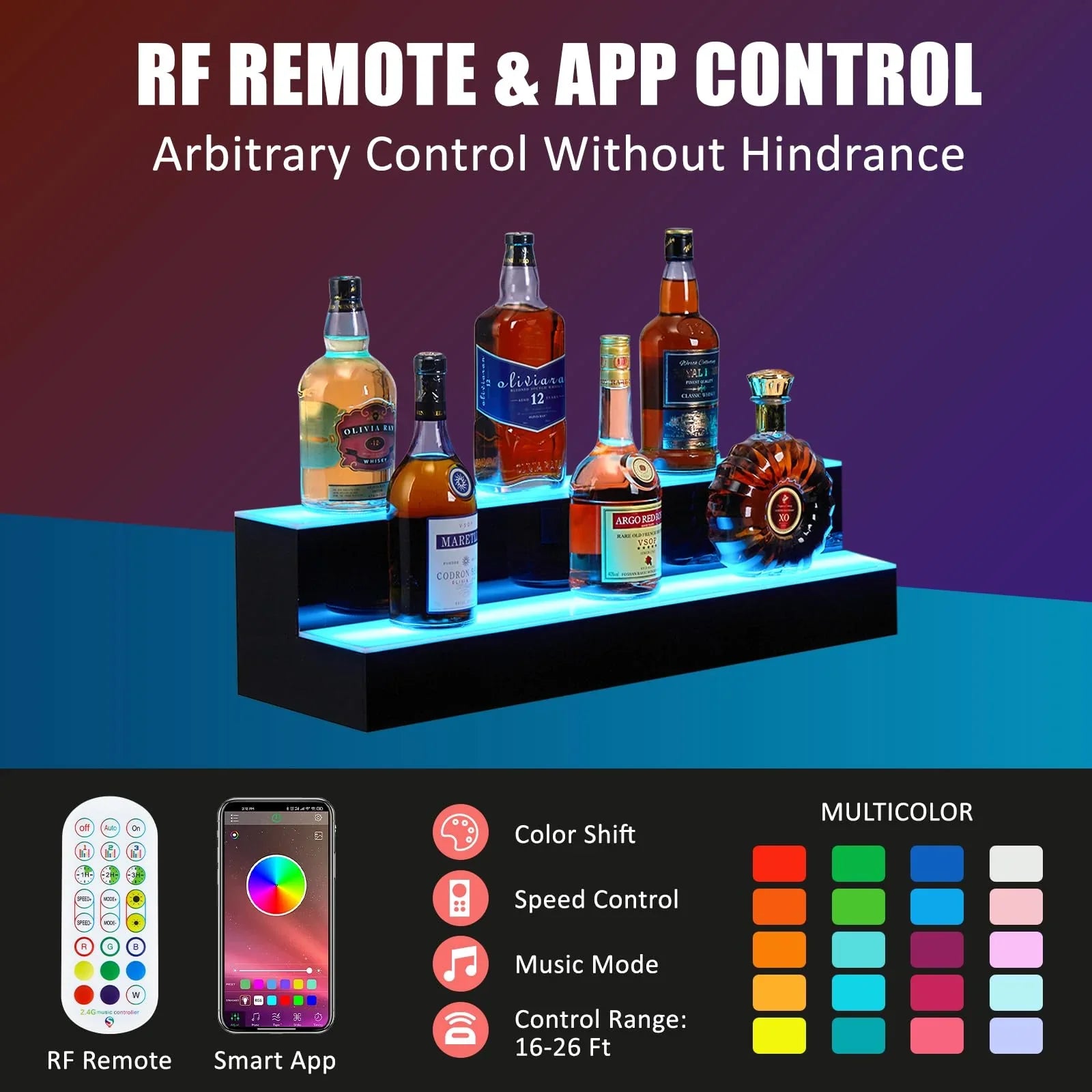 Garvee LED Lighted Liquor Bottle Display, 2 Tier 30 Inch Wall Mounted Acrylic Liquor Shelf with Wine Holder Slots, 4 Modes, 16 Colors, Remote & App Control for Home Commercial Bar