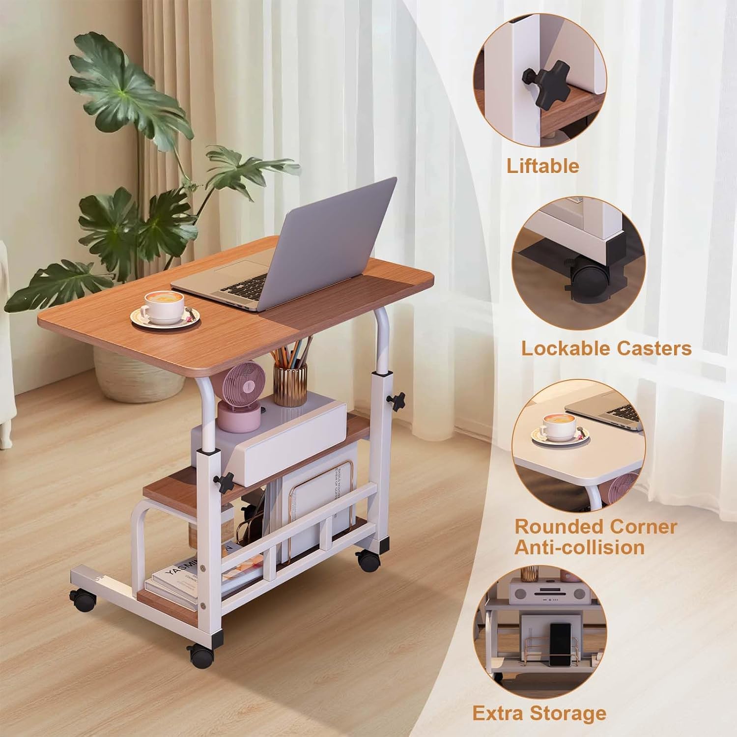 Garvee Adjustable Height Mobile Standing Desk, Portable Bedside Desk with Storage Shelves, Compact Laptop Desk for Home Office, Study, Small Spaces, Bedroom, Brown, 23.6"x15.7"