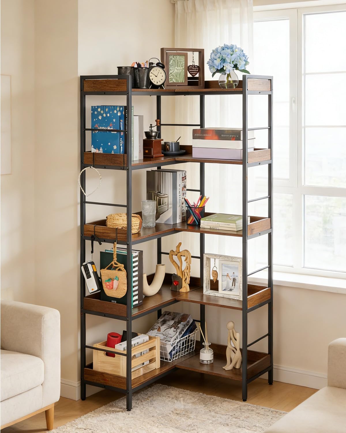 Garvee 65" Reversible Corner Bookshelf – 5-Tier L-Shaped Industrial Bookcase with 4 Hooks, Heavy Duty Wood & Metal Open Shelves – Ideal for Office, Bedroom, Living Room – Color: Brown