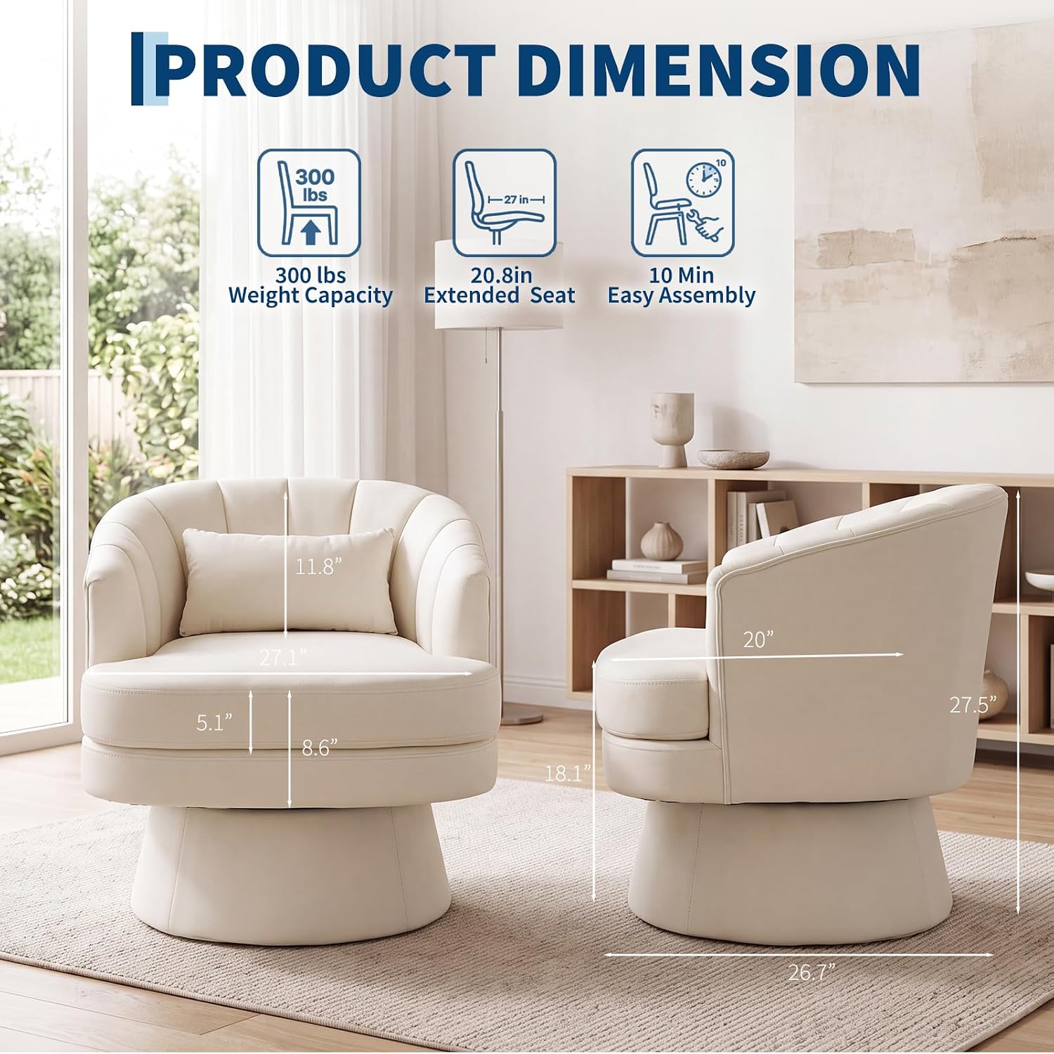 Garvee 360° Swivel Barrel Accent Chair with Lumbar Pillow, Soft Upholstered Single Armchair, Round Base for Living Room/Bedroom/Vanity - With lumbar pillow | velvet | beige