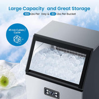 Garvee Ice Maker Machine with 33LBS Storage Bin& Ice Scoops 100LBS/24H Ice Maker Stainless Steel Freestanding Ice Machine for Restaurant Home Bars Coffee Shop