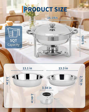 Garvee Commercial Grade 6 Pack 5QT Stainless Steel Round Chafing Dish Buffet Set - Durable Insulated Food Warmer with Stackable Lids for Catering, Parties, Weddings, Banquets - Portable Buffet Server, 6pcs