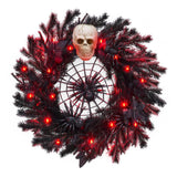 Garvee 22” Halloween Wreath with Lights, Black Twig Wreath with Scary Skull and Spider, Artificial Halloween Party Decorations for Front Door Indoor Outdoor Wall Window Porch
