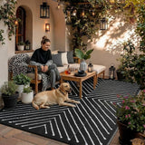 Garvee 9' x 12' Waterproof Reversible Outdoor Rug – Modern Black & White Geometric Patio Mat – Durable, Collapsible, Easy Clean – For RV, Deck, Backyard, Porch, Balcony, Beach, Camping - Striped|Black & White
