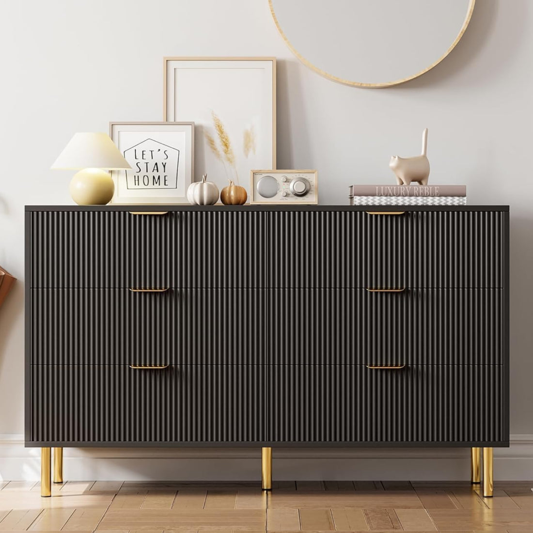 Garvee Black Dresser, Modern 6 Drawer Dresser for Bedroom with Gold Handle and Large Drawer, Wood Double Chest of Drawers and Storage Organizer for Living Room, Hallway, Entryway