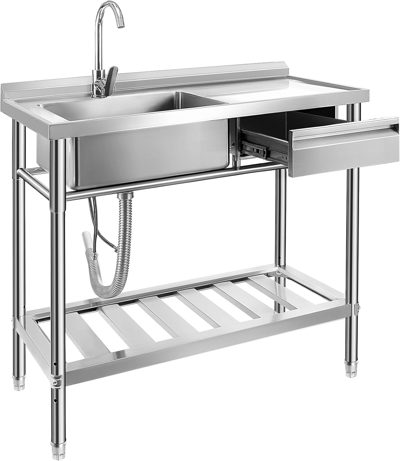 Garvee 40"D x 20"W x 37"H Durable Stainless Steel Utility basin with Pull-Out Faucet Freestanding Single Bowl Laundry Room basin with Workbench & Drawer Storage – Ideal for Kitchen, Laundry, Farmhouse or Outdoor Use – Stainless Steel Color