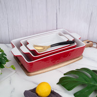 Garvee Ceramic Baking Dish Set of 3, Rectangular Casserole Dish for Oven with Handles, Deep Lasagna Baking Pans for Cooking, Kitchen, Cake Dinner, Banquet, Daily Use, Red