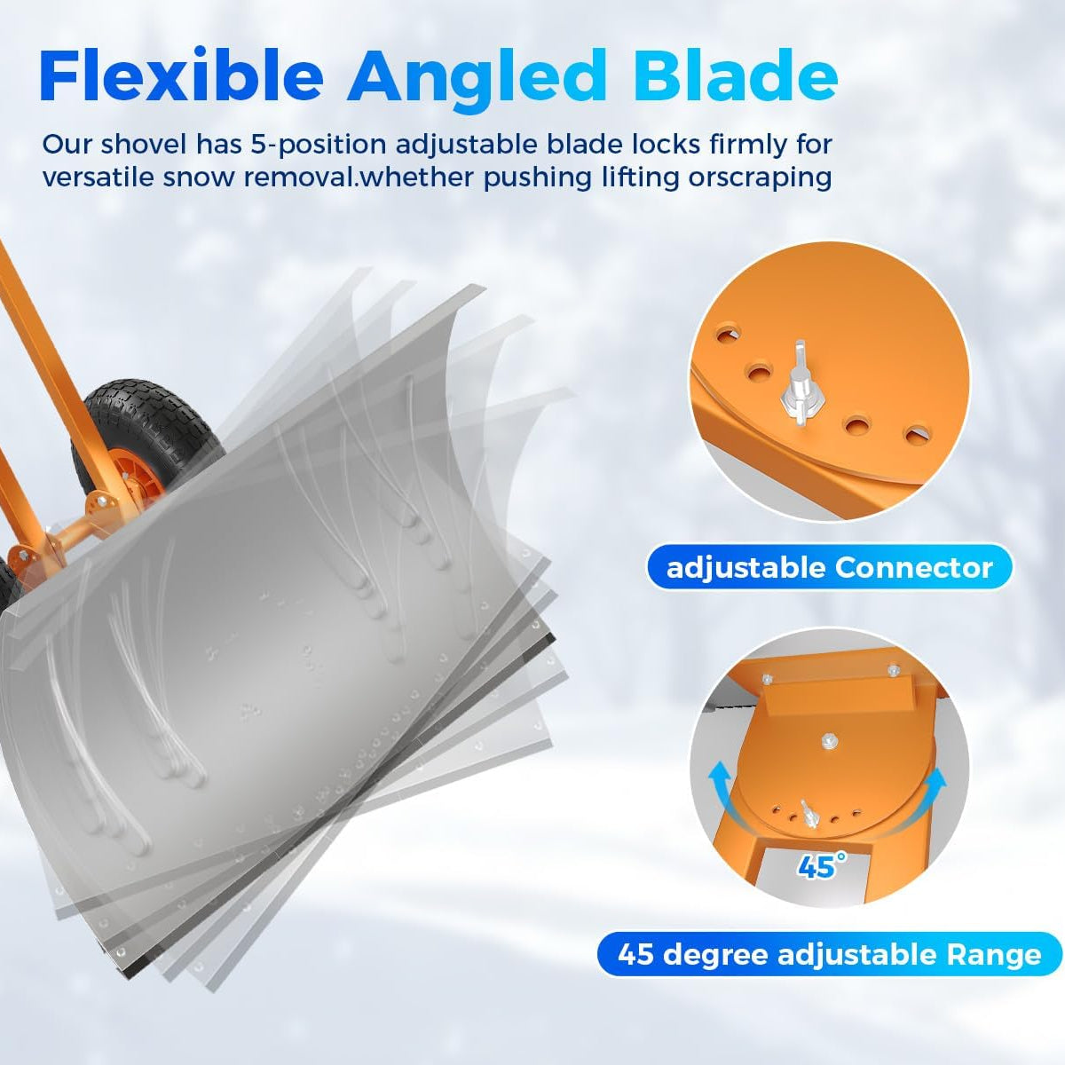 Garvee 29"W X 19.68"H Snow Pusher Shovel with Wheels,Heavy Duty Steel Snow Shovel with Wheels,Angled Blade Efficient Snow Removal With5-Position Angled Blade & Adjustable Handle for Doorway, Sidewalk,Sliver