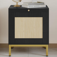 Garvee Rattan Night Stand, End Table with Storage Cabinets and Tray, Side Table with Sturdy Metal Legs for Bedroom, Living Room, Office, Black - Black