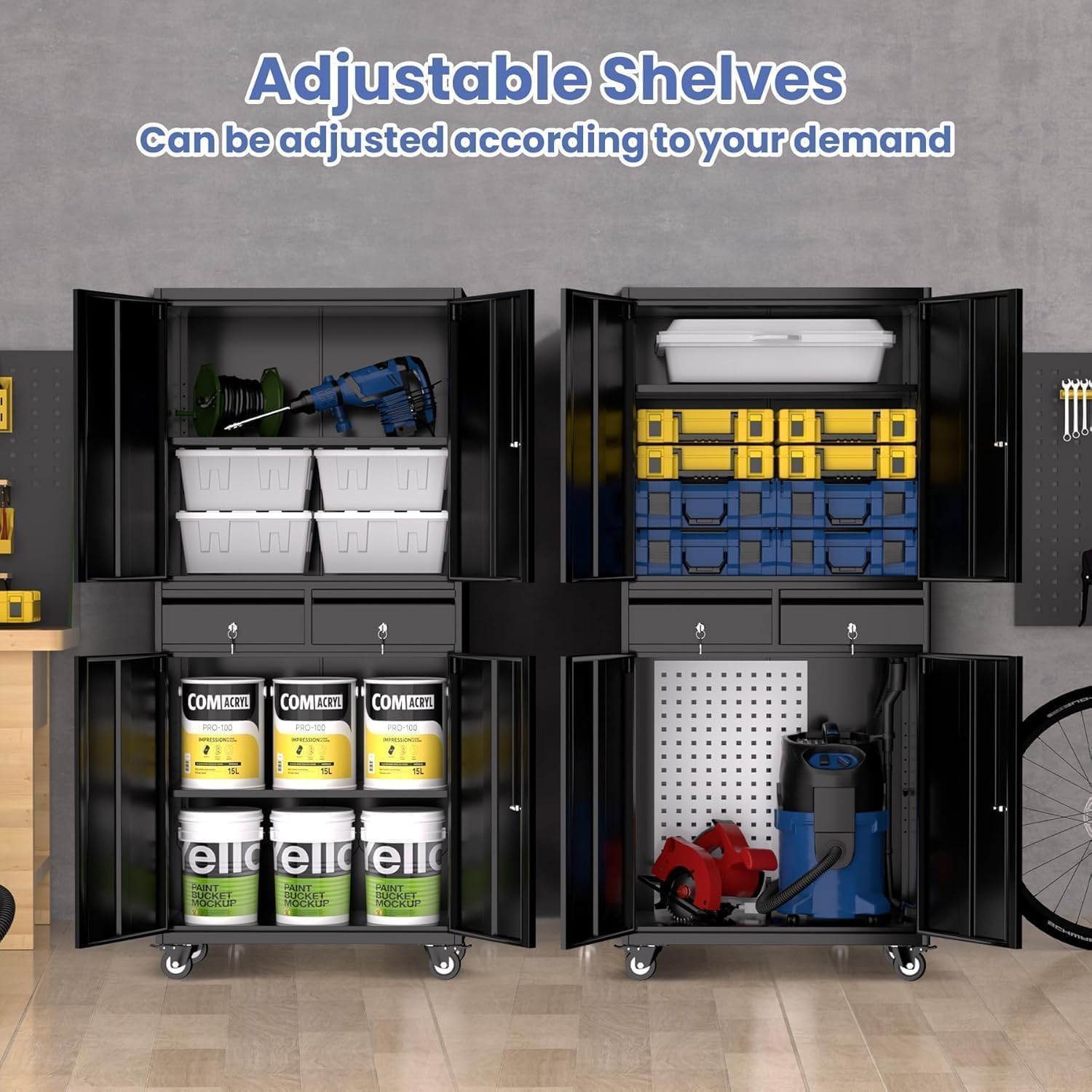 Garvee Heavy Duty 73" Metal File Cabinet with Lockable Wheels, Locking Doors, 2 Drawers, and Adjustable Shelves, Durable Mobile Storage Locker for Office Garage & Workshop, Black