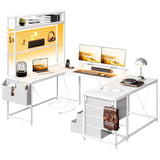 Garvee U Shaped Desk with Monitor Stand and LED Lights, U Shaped Gaming Desk with Storage Shelves, Large Computer Desk with Power Outlets, Large Corner Office Desk with 4 Drawers,White - White