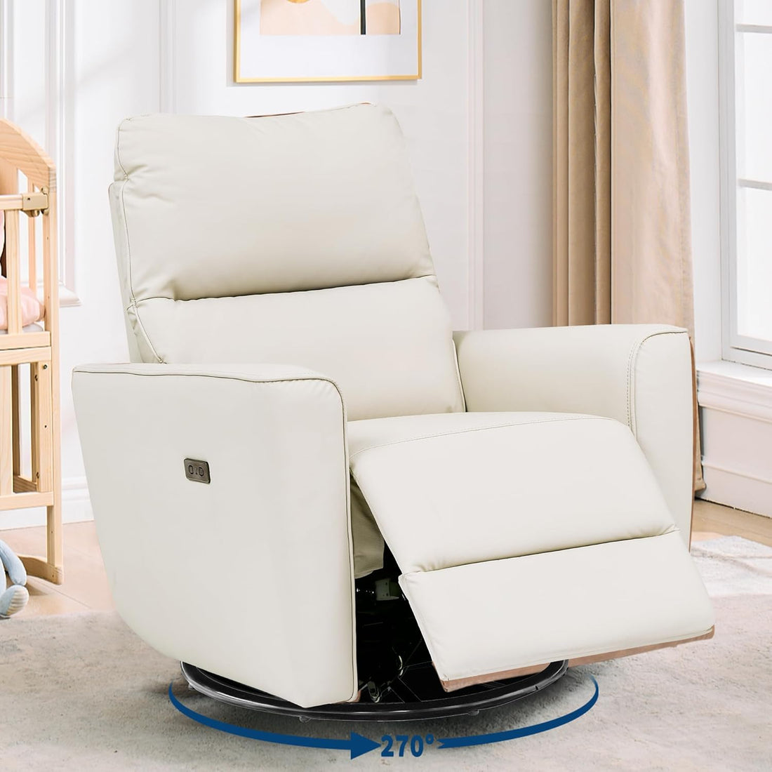 Garvee Power Recliner Chair, 270° Swivel Rocking Glider with USB Charging Port, PU Leather Upholstered Fabric, Ergonomic Modern Nursery Chair for Living Room, Bedroom & Home Theater, Beige