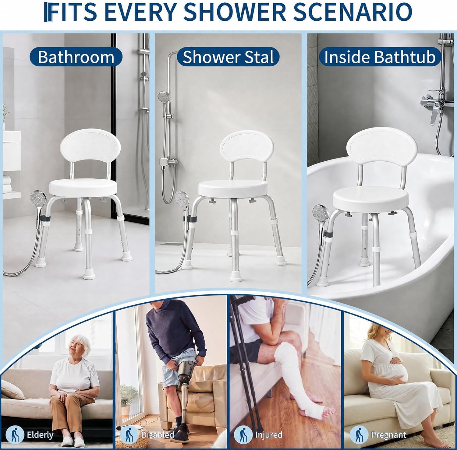Garvee 360° Swivel Shower Chair with Backrest, Non-Slip Bathtub Chair, Height Adjustable Bath Seat for Elderly, Seniors and Disabled, Compact Shower Bench for Inside Tub or Shower, White
