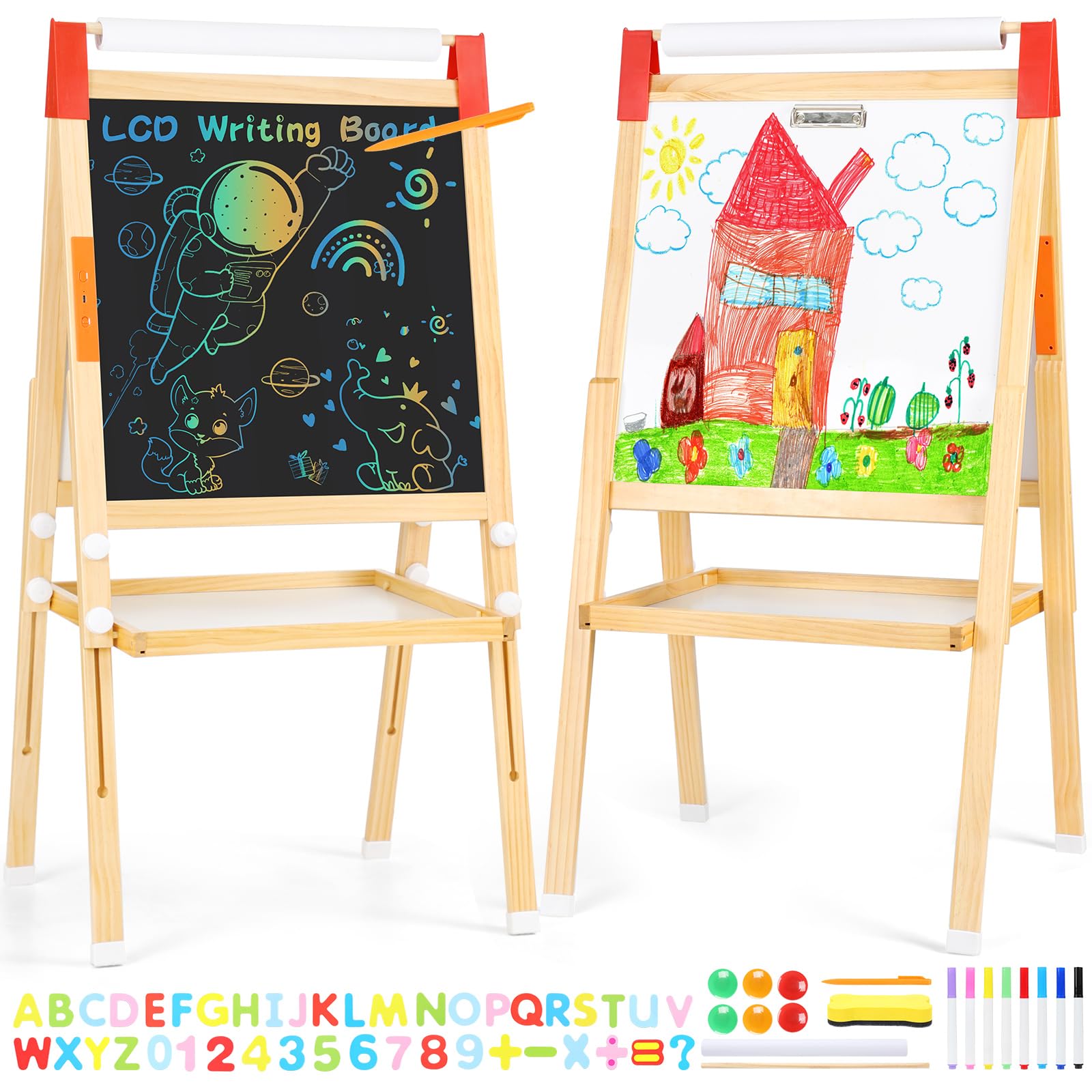 Art Easel LCD Whiteboard Adjustable Height Magnetic Wood Pine