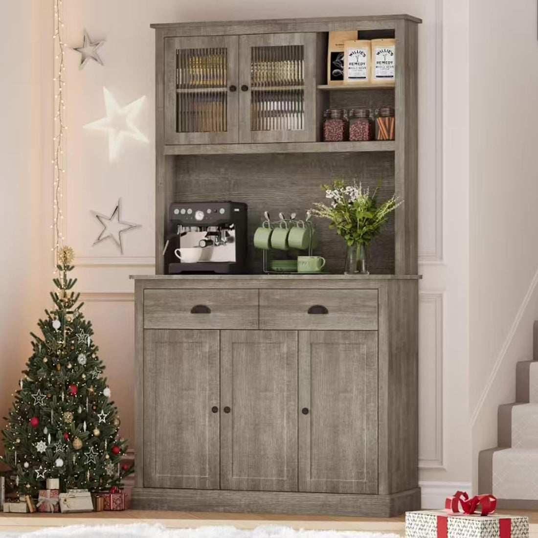 Garvee Farmhouse 71" Freestanding Pantry Cabinet with  Drawers and Adjustable Shelves, Grey