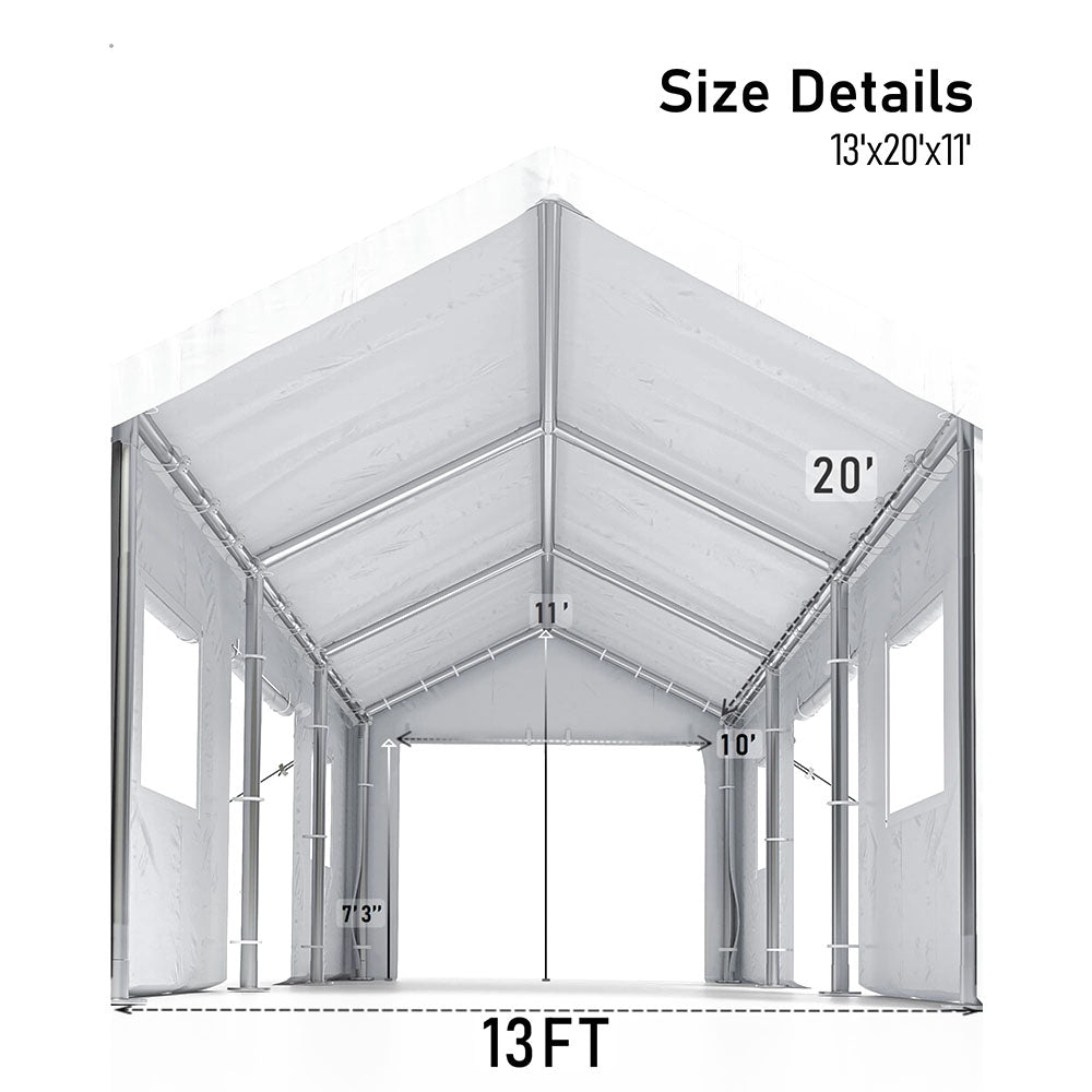 Garvee 10' X 20' Heavy Duty Portable Garage, 1.0 mm Steel Poles & 180 g PE Waterproof Canopy, Front & Rear Doors, 2 Side Doors, 4 Windows, White