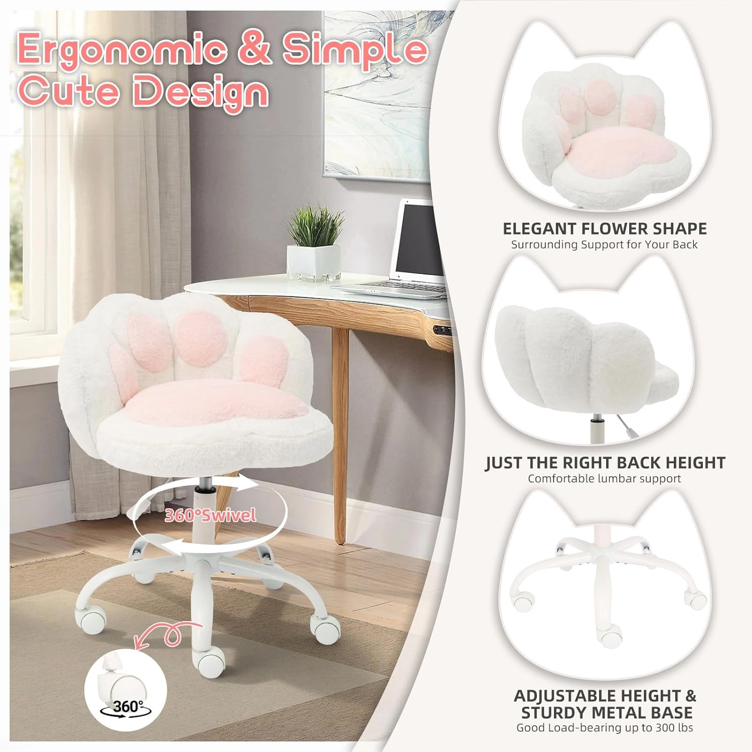 Garvee Cute Cat Paw Vanity Chair – Armless, Soft Cushion, Adjustable Height, Swivel Wheels, Soft Stuffed Fabric, Lumbar Support, Makeup or Office Stool, Color: White + Powder