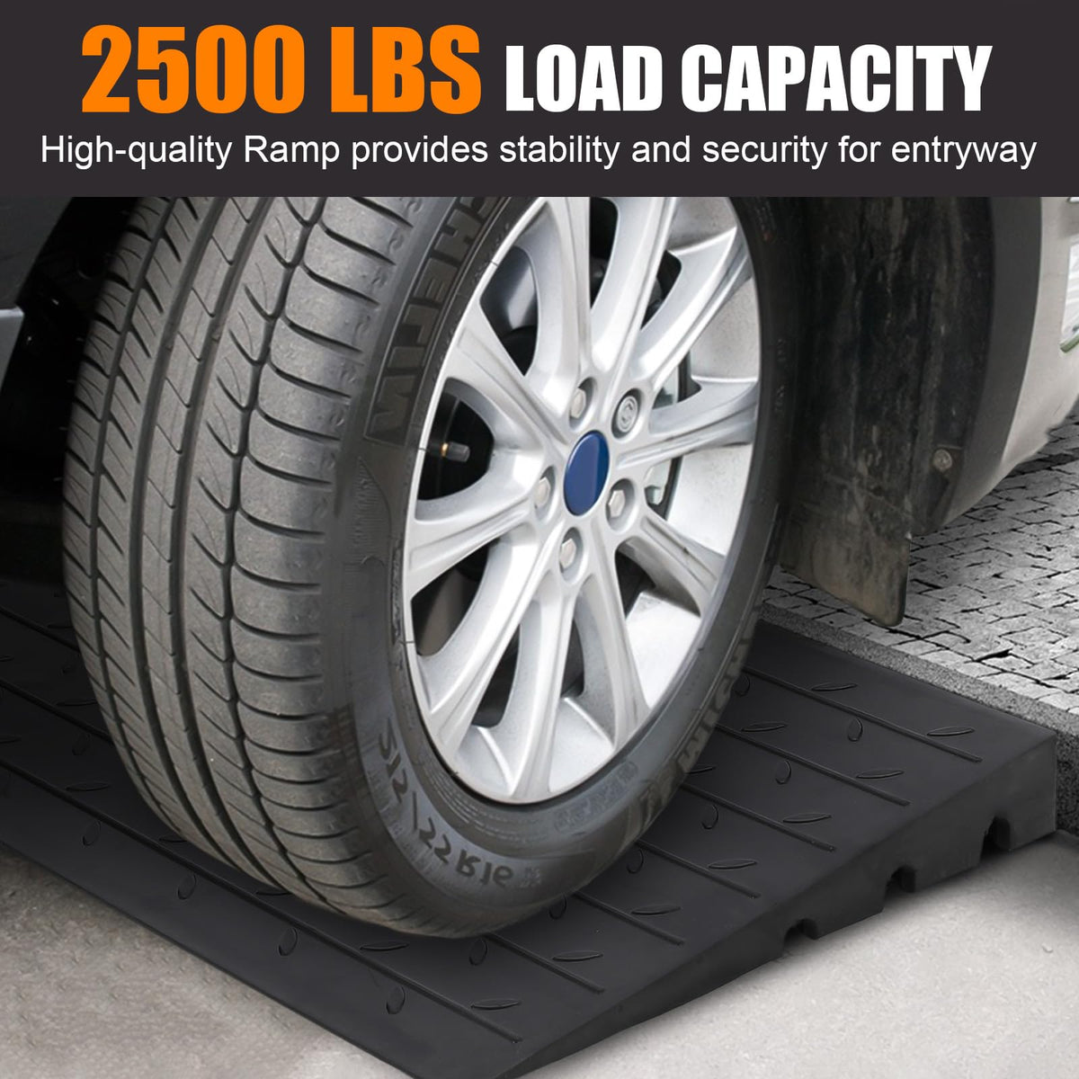 GARVEE rubber curb ramp showing 2500 lb load capacity for vehicle wheel use
