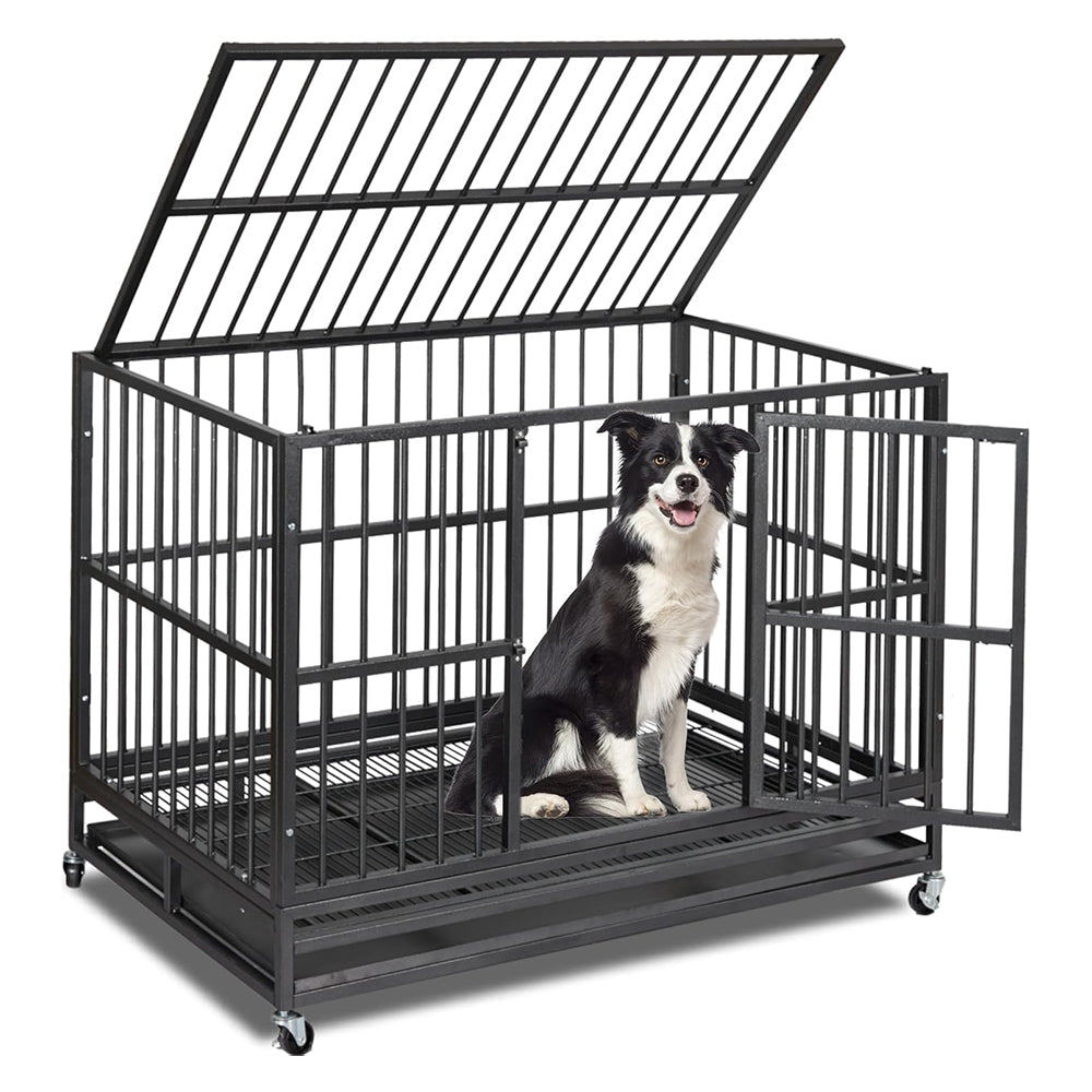 Garvee 48" Heavy Duty Dog Crate, Cage Kennel with Wheels&Brakes, High Anxiety Indestructible, Sturdy Locks Design, Double Door and Removable Tray for Large Pets(Black)
