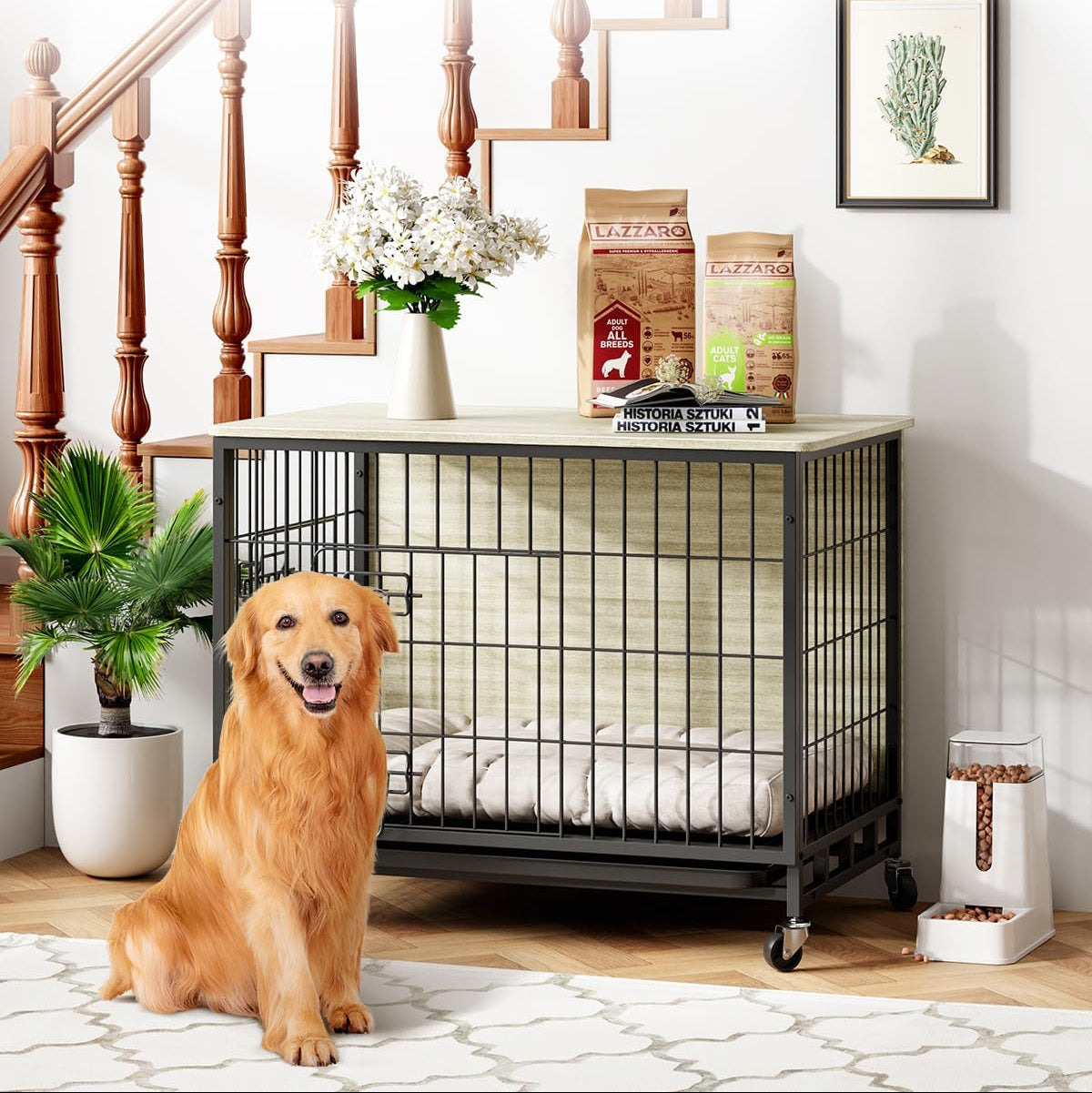 Garvee Dog Crate Furniture, Furniture Style Dog Crate with Removable Tray and Wheels, Heavy-Duty Double-Doors Dog Cage End Table, 27.2" Wooden Dog Kennel, Indoor Dog House, Grey